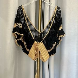 Designer crochet top. Black & gold.